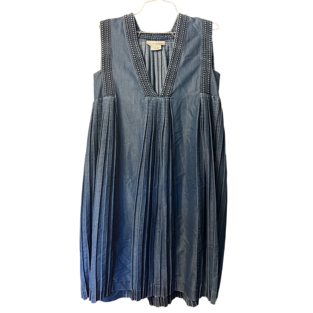 Veronique Branquinho Denim Pleated Deep V-Neck Sleeveless Shift Dress Size 42